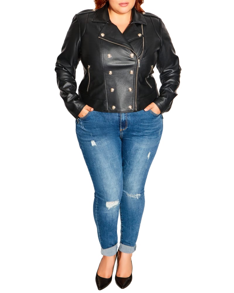 Front of a model wearing a size XXS JKT MEGAN in Black by City Chic. | dia_product_style_image_id:256451